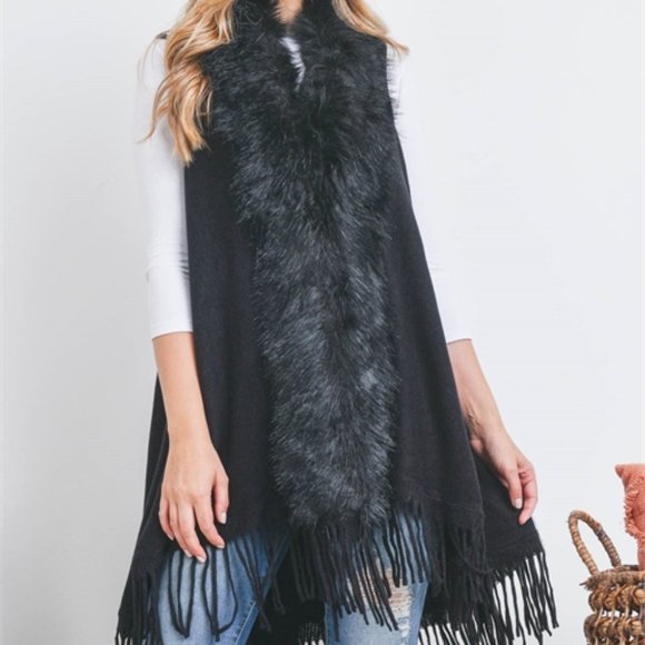 BLACK FAUX FUR TRIM FRINGE SWEATER VEST